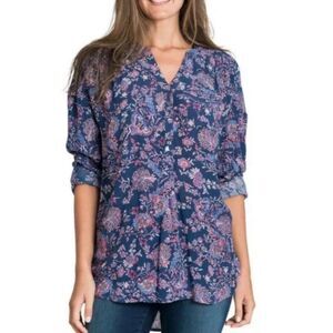 Nine West Jeans Georgia‎ Blouse Floral V Neck Purple Size Large Viscose